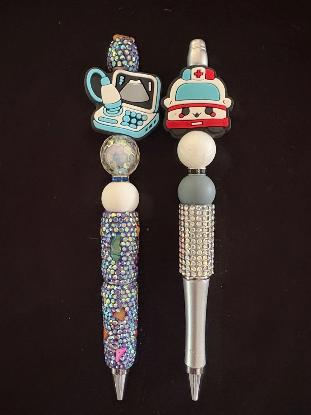 Cute Decorative Beaded Pens - Blue, Black, and Silver Accents Set of 6